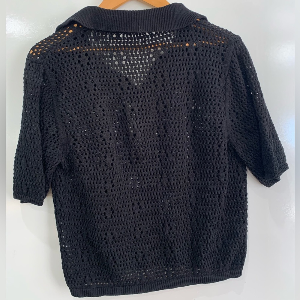 T Tahari Black Open knit Crochet polo Top like new size XL - Picture 2 of 6